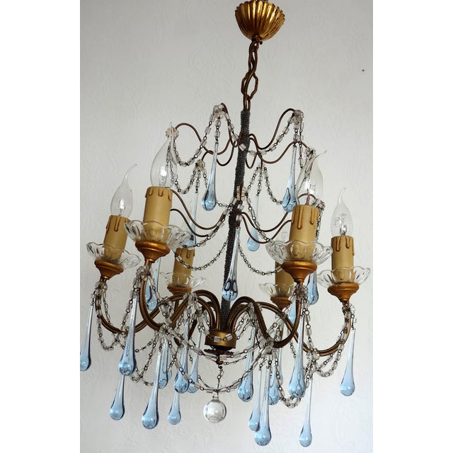 Gold Antique Gilded Metal Murano Glass Drop Six-Light Chandelier, 1930s For Sale - Image 8 of 14