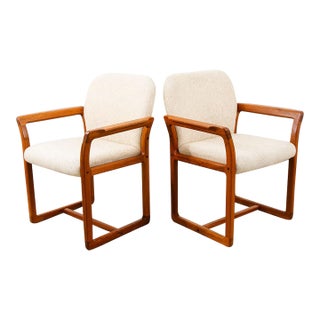 Mid Century Danish Modern Armchairs Dining Chairs Teak Wood White Wool Captain For Sale