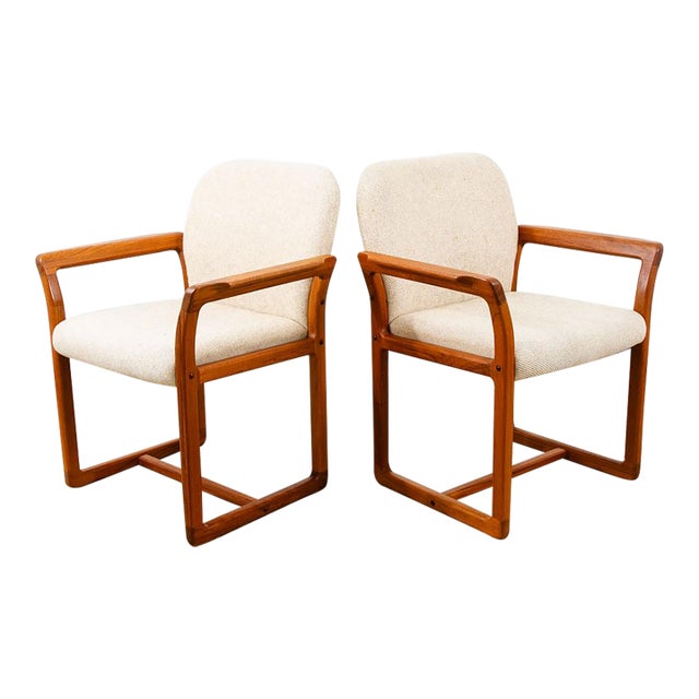 Mid Century Danish Modern Armchairs Dining Chairs Teak Wood White Wool Captain For Sale