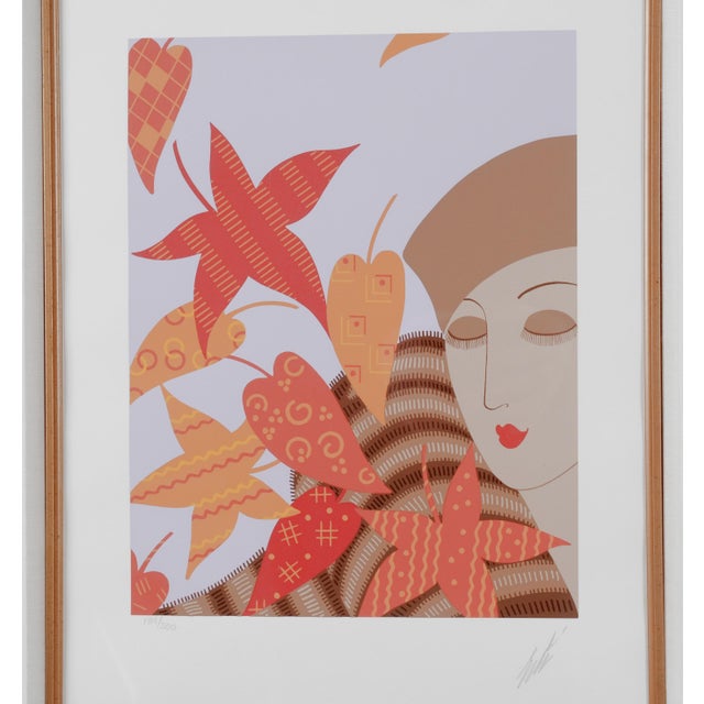 Art Deco 1975 Erte "Autumn" Hand Signed & Numbered Serigraph Limited Edition 189/260 Matted in Brown Frame For Sale - Image 3 of 8