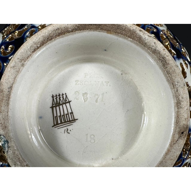 Blue Zsolnay Double Walled Reticulated Porcelain Vase, Cobalt Blue, Gilded, 1887-1889 For Sale - Image 8 of 9