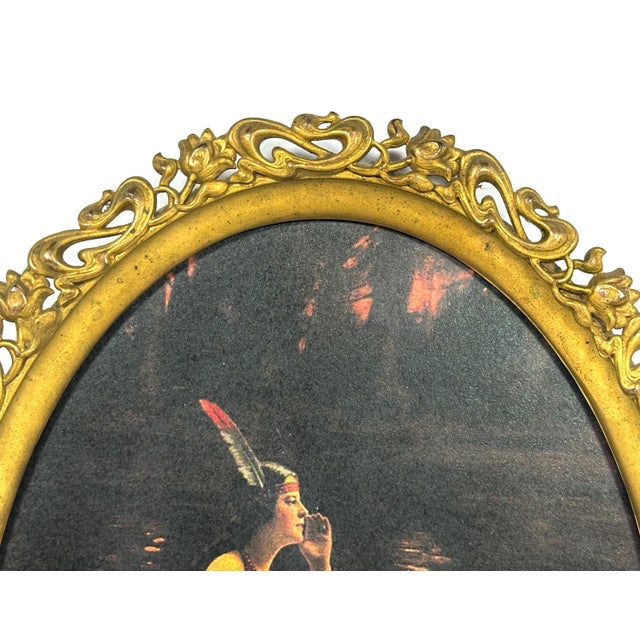 Art Nouveau Early 20th Century Art Nouveau Native American Maiden Lithograph - Gilt Oval Frame For Sale - Image 3 of 10