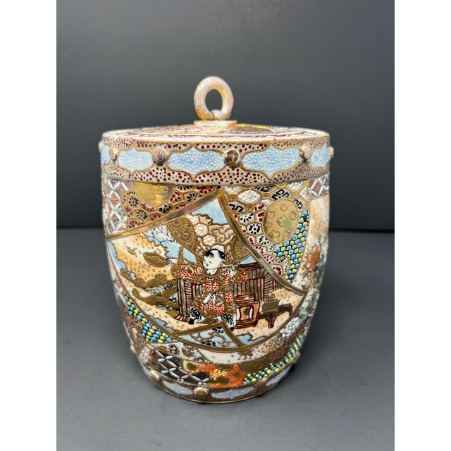 Japanese Antique Japanese Satsuma Lidded Biscuit Jar, Hand-Painted Gilt Moriage, Meiji c.1900 For Sale - Image 3 of 9