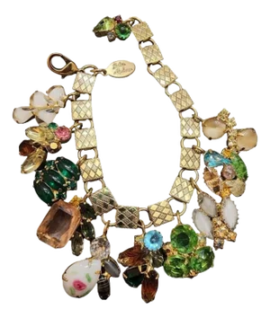 Vintage Signed Julie Rubano Rhinestone Jeweled Charm Bracelet or Anklet With Gemstones Gold