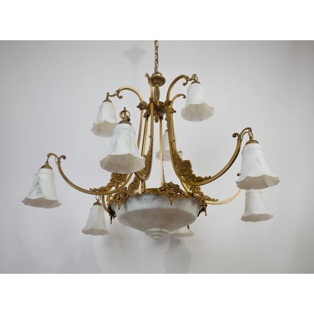 Art Nouveau Brass Chandelier with Glass Shades For Sale - Image 6 of 6