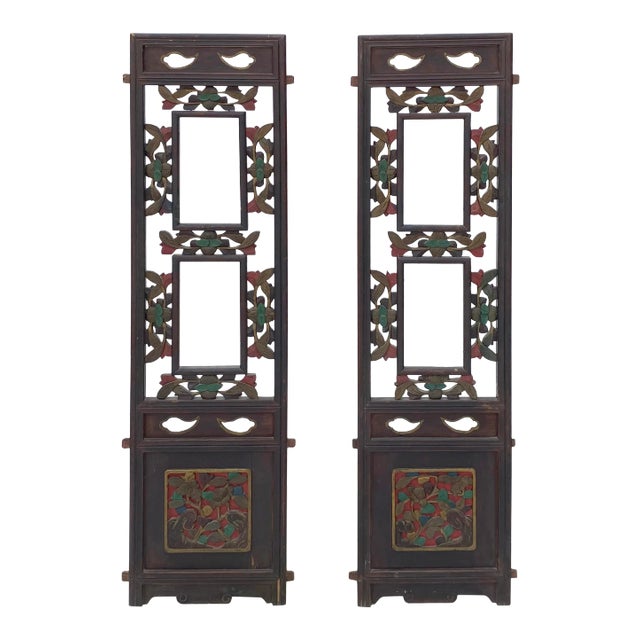 Pair Chinese Vintage Restored Wood Brown Flower Carving Wall Hanging Art For Sale