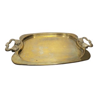 Mid 20th Century Hollywood Regency Solid Brass Tray With Art Nouveau Style Handles For Sale