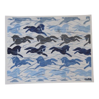 Horses Pattern Minimalism Abstract Folk Art Navy Blue Gray Original Painting by Cleo Plowden For Sale