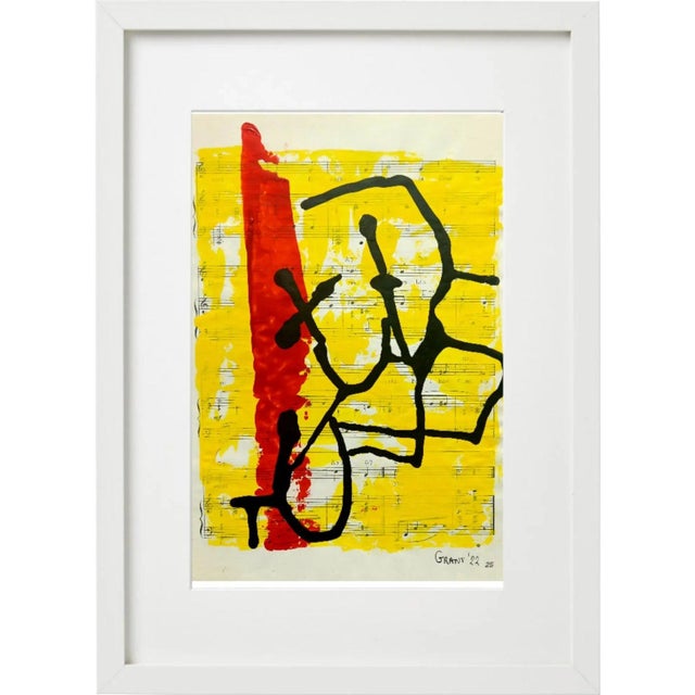 2020s # High-End Framed Abstract Black, Yellow & Red Original Drawings on 'The Beatles' Music and Lyrics Score Sheets For Sale - Image 5 of 11