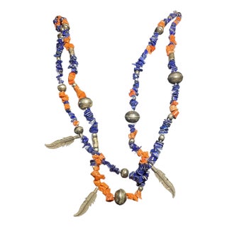 Vintage Navajo Native American Style, Lapis and Coral Shell Necklace, Sterling Silver Hollowed Body ‘Navajo Pearls’ and Silver Feathered Accents. For Sale