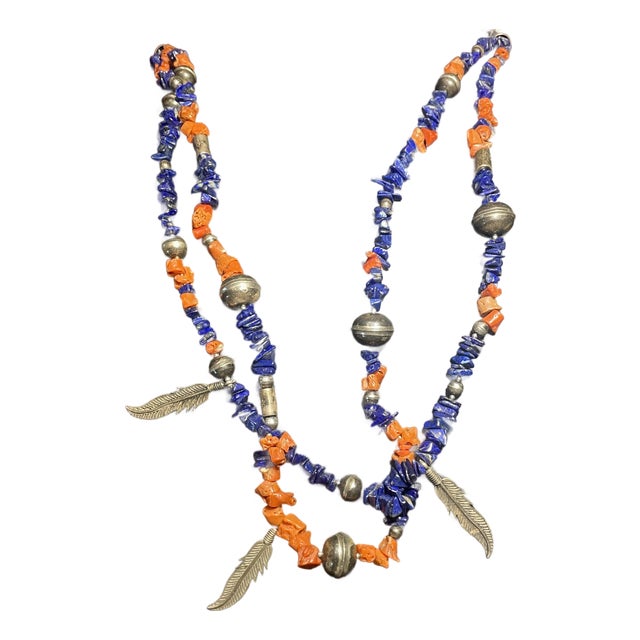 Vintage Navajo Native American Style, Lapis and Coral Shell Necklace, Sterling Silver Hollowed Body ‘Navajo Pearls’ and Silver Feathered Accents. For Sale