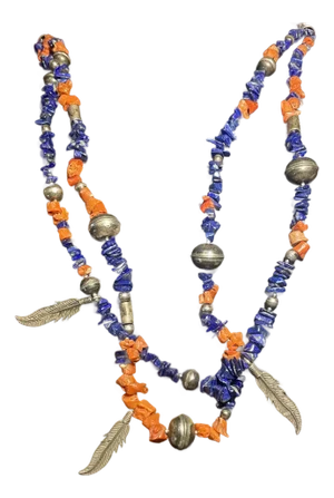 Vintage Navajo Native American Style, Lapis and Coral Shell Necklace, Sterling Silver Hollowed Body ‘Navajo Pearls’ and Silver Feathered Accents.