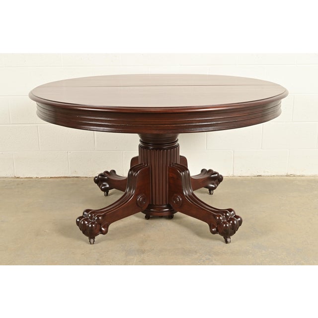 R. J. Horner Antique Victorian Carved Mahogany Split Pedestal Extension Dining Table With Lion Paw Feet, Newly Refinished For Sale - Image 11 of 12
