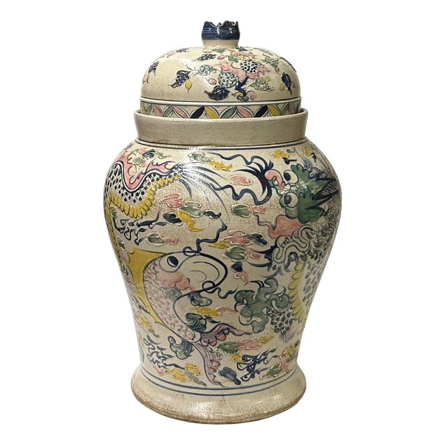 Vintage Historic Treasure Dragon Theme Beige Base Ceramic Pot Vase For Sale