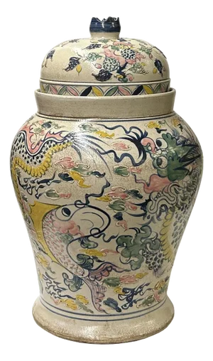 Vintage Historic Treasure Dragon Theme Beige Base Ceramic Pot Vase