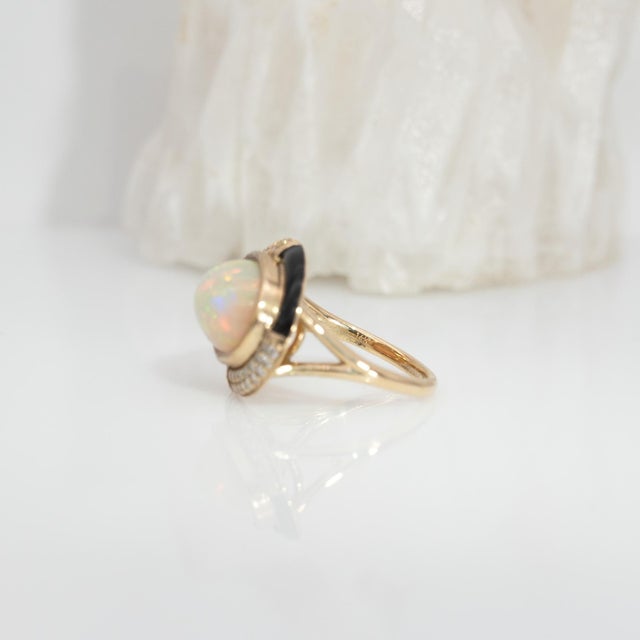 Metal 5.3Ct Natural Opal Ring With Diamond Accents in Solid 14k Gold – Oval Cut, Size 6.75 For Sale - Image 7 of 8