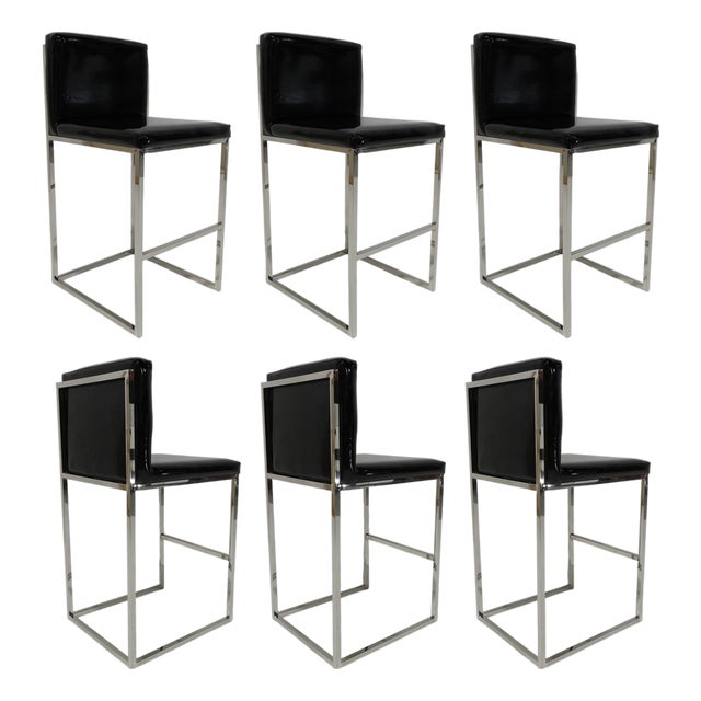 Set of Six Bar Stools in Black Patent Leather With Chrome Frames For Sale
