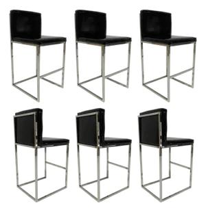 Set of Six Bar Stools in Black Patent Leather With Chrome Frames