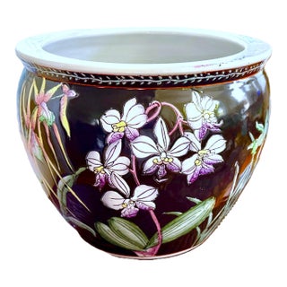Vintage Chinese Porcelain Black Koi Fish Planter Bowl For Sale