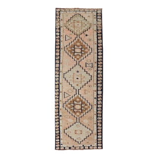Vintage Turkish Oushak Runner With Medallion Design Outlined in Navy Blue For Sale