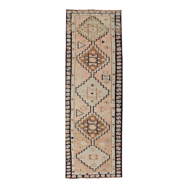 Vintage Turkish Oushak Runner With Medallion Design Outlined in Navy Blue For Sale
