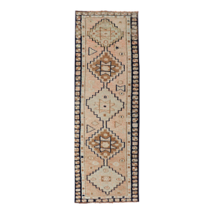 Vintage Turkish Oushak Runner With Medallion Design Outlined in Navy Blue