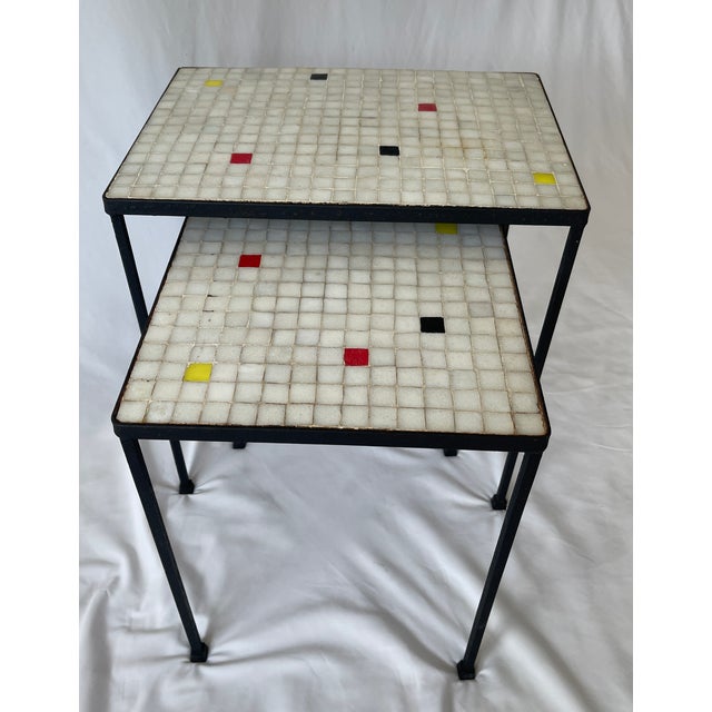 Mid-Century Modern Floris Fiedeldij for Artimeta Attributed 1950's Glass Mosaic Top and Iron Nesting Tables For Sale - Image 3 of 10