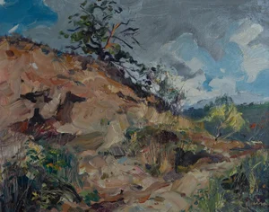 Jordi Pausas Mestres, Rugged Hillside Under a Dynamic Sky, Oil Painting