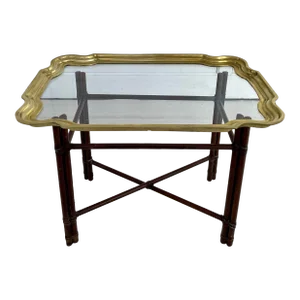 Vintage Brass and Glass Tray Side Table With Faux Bamboo Metal Base