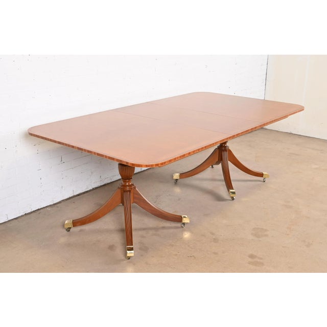 1980s Baker Furniture Georgian Cherry and Satinwood Double Pedestal Extension Dining Table, Newly Refinished For Sale - Image 5 of 12