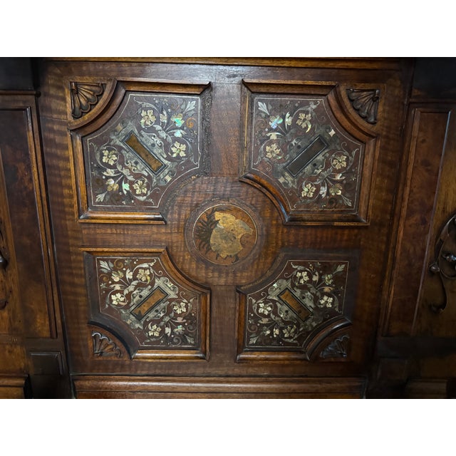 Fine German Renaissance Revival Walnut Console Table With Inlaid Marquetry and Provenance-Inscribed Rouge Marble TopCirca 1875–1890 For Sale - Image 18 of 18