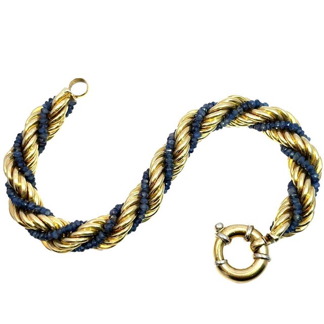 Modern 18k Yellow Gold Rope Bracelet With Blue Sapphire Accents For Sale - Image 3 of 5