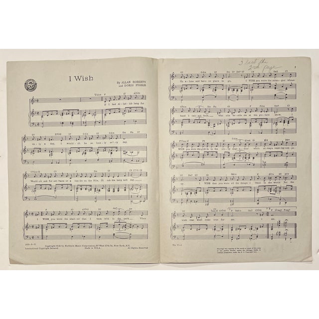 1945 I Wish Sheet Music for Framing For Sale - Image 4 of 4