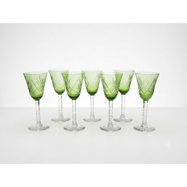 Vintage Czech Olive Green Cut Crystal Glasses, 1960s, Set of 8, in Flawless conditions. Designed 1960 to 1969