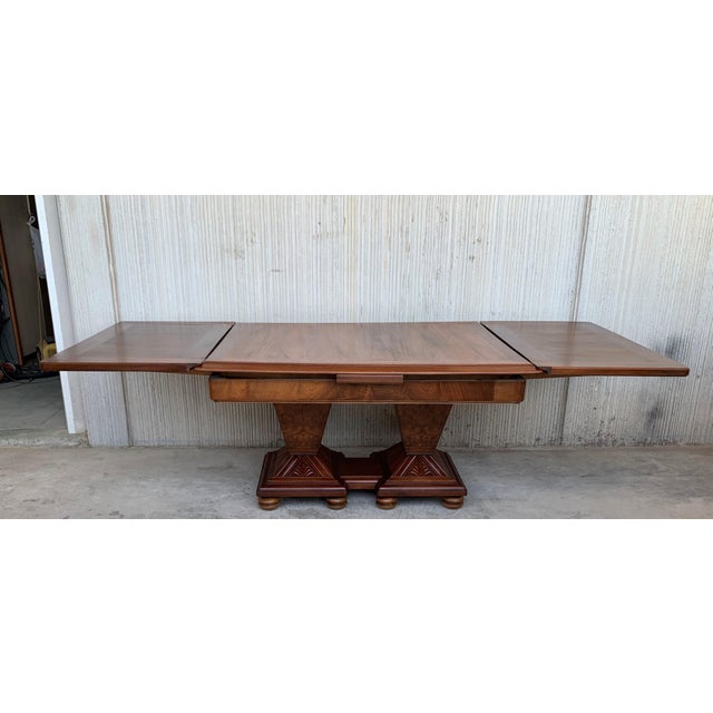 Square Extendable Art Deco Dining Table With TwoBurl Walnut Pedestals