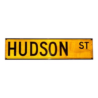 1960s New York City Yellow Reflective Street Sign "Hudson St" - "Meatpacking District" For Sale