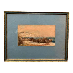 19th Century Italian Watercolor of Fishing Boats in the Bay of Naples.