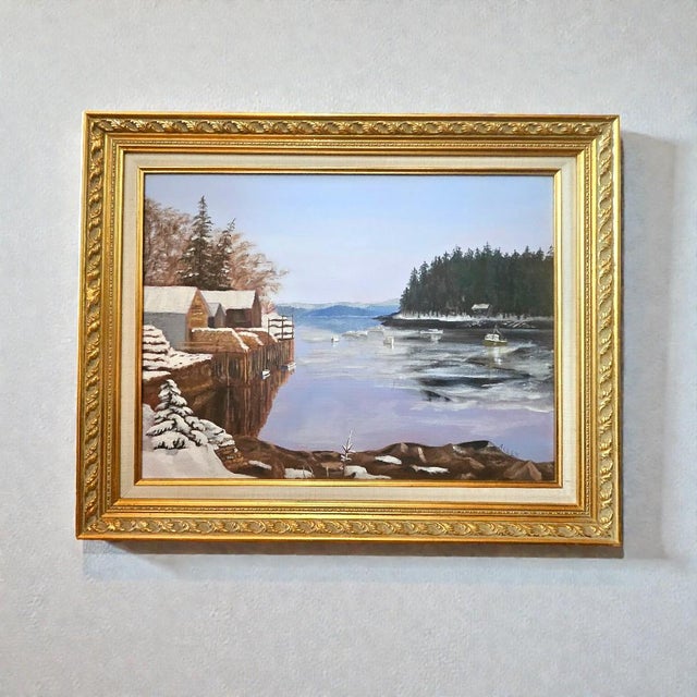 1980s Winter Harbor Snow Scene Original Painting on Canvas, Signed Allen – Framed Coastal Landscape 29½" X 24" For Sale - Image 5 of 9