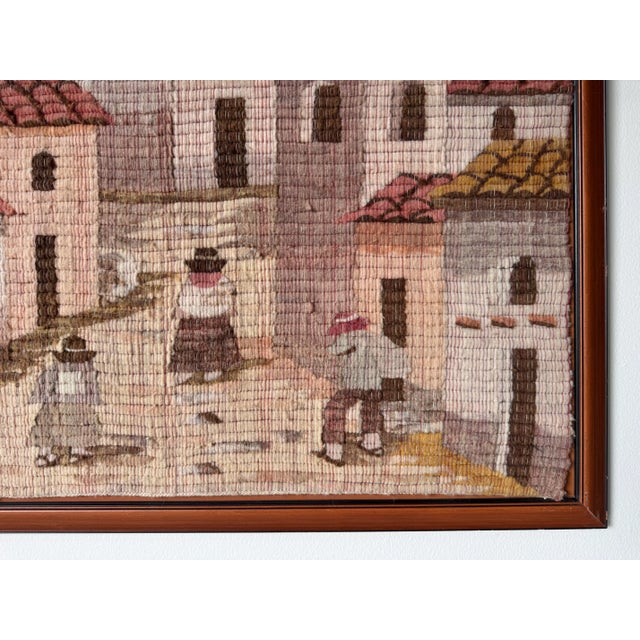 Vintage Hand-Woven Peruvian Folk Art Wool Tapestry Depicting a Village Scene For Sale - Image 9 of 11
