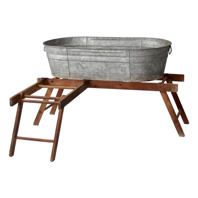 Antique Laundry Stand With Galvanized Tub For Sale