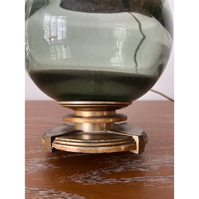 1930s Petite 1930s Art Deco Smoke Blue-Green-Grey Art Glass Table Lamp With Patinated Metal Base For Sale - Image 5 of 11