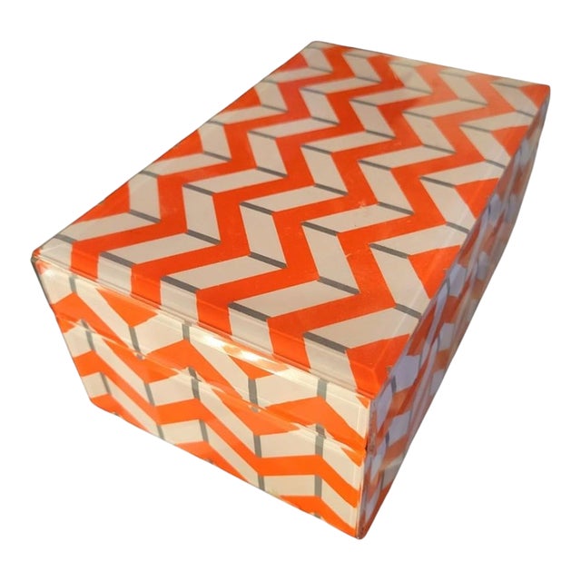 Glass Orange White Chevron Jewelry Storage Box Holder For Sale