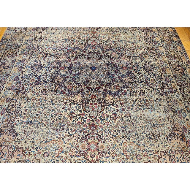 19th Century Oversized Persian Kerman Lavar Rug, Hand-Knotted Wool, Floral Pattern, Ivory & Blue, 11’ X 17’ For Sale - Image 12 of 18