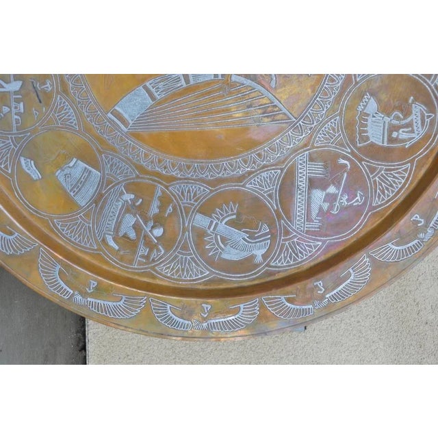Mid 20th Century Vintage Large Cairoware Copper Tray With Silver Inlay Egyptian Hieroglyphiecs Artwork For Sale - Image 5 of 8