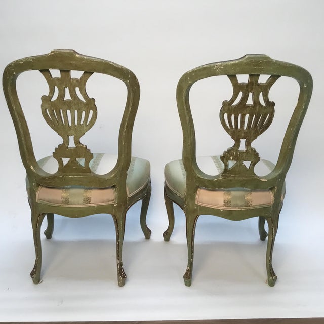 Late 19th Century Vintage Italian Green Painted, Carved and Gilt Louis XV Side Chairs- A Pair For Sale - Image 4 of 12