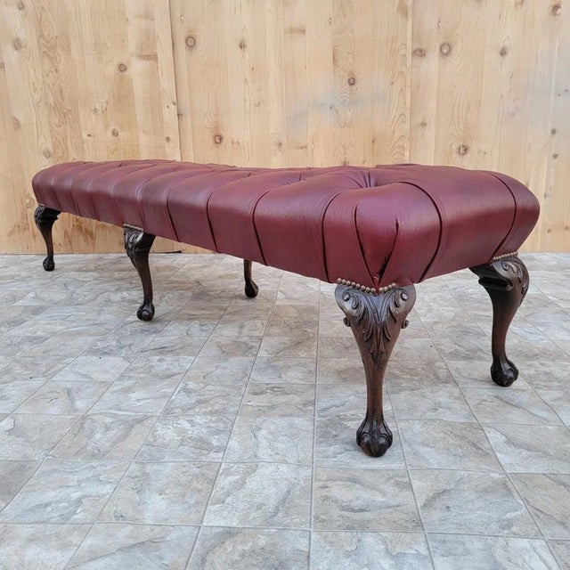 Antique Chippendale Style Carved Tufted Benches Newly Reupholstered in Burgundy Leather- Pair For Sale - Image 10 of 10