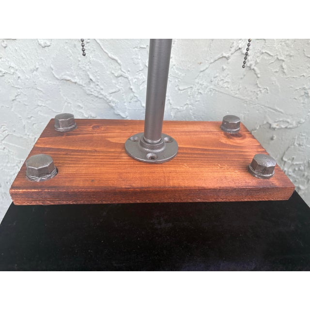 Mercantile Design Industrial Pipe Table Lamp With Dual Edison Sockets on Solid Wood Base For Sale - Image 4 of 11