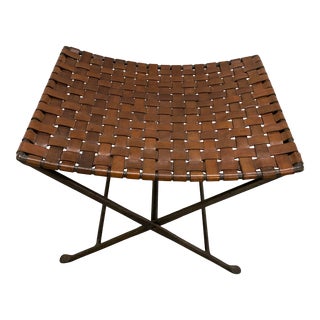1990s Vintage Industrial Chic Iron Brown Woven Leather Folding Butler Stool For Sale