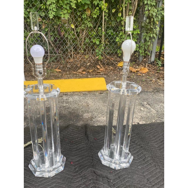 Contemporary 1970’s art deco Clair lucites table lamps For Sale - Image 3 of 5