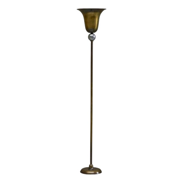 Vintage Art Deco Floor Lamp in Patinated Brass and Nickel Plated Brass, 1930 For Sale